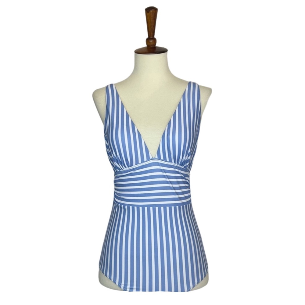 Blue and White Striped Plunging V-neck Swimsuit - Picture 3 of 10